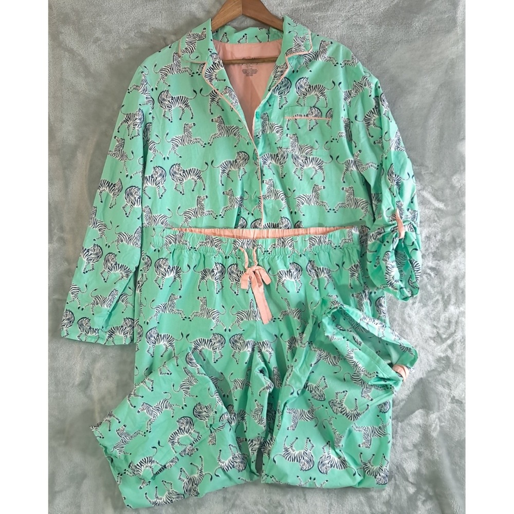 Nick and Nora Zebra Print Pajama Set 100% Cotton Women's Size XL Mint Green EUC